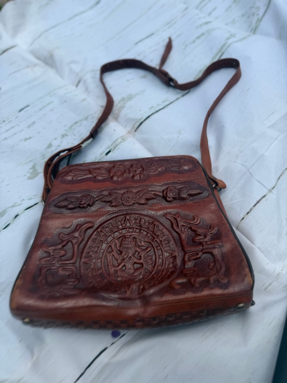 Handcrafted Brown Tooled Leather Shoulder Bag